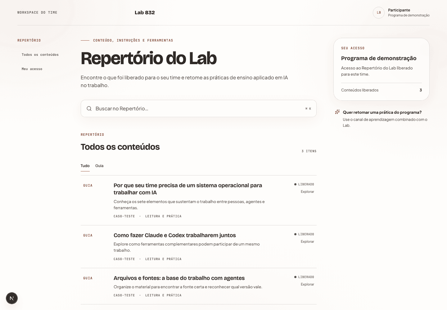 Repertório do Workspace com busca, filtro de guias e três conteúdos de demonstração.